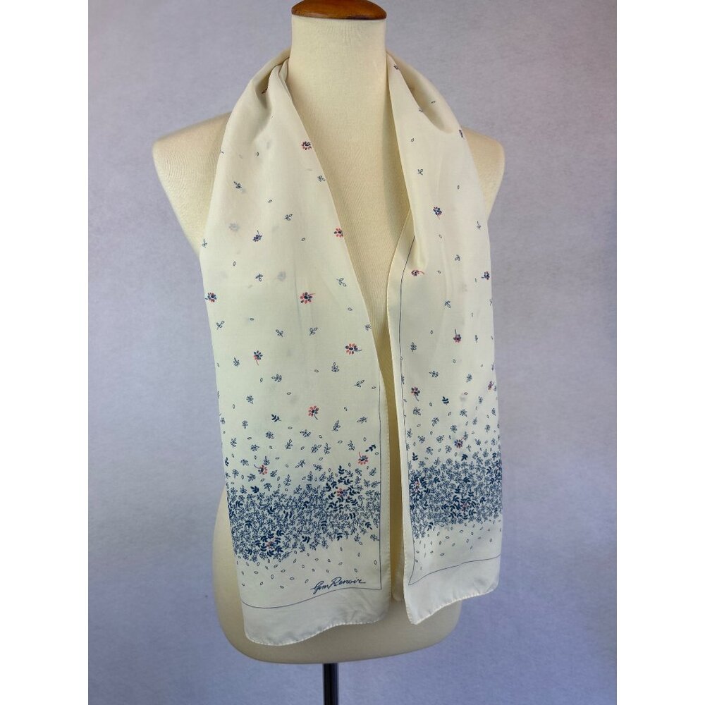 Vintage Jim Renoir Scarf Long Rectangle Ivory Blue Pink Floral 52inx11.25in - Picture 2 of 8